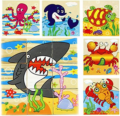 Syeer Kids Puzzle Wooden Toy Cartoon 3D Puzzle Blocks 6 Side Painted Dimensional Educational Imagination 3D toys Develop Reading Interest Tool Marine Animals