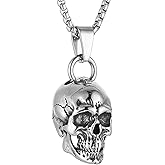 HZMAN Skull Necklace for Men Biker Stainless Steel Heavy Metal Gothic Skull Head Pendant Halloween Jewelry
