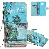 Aeeque Galaxy S8 Leather Wallet Case with Wristlet Card Holder Slots Magnetic Clasp Folio Flip Stand Holster Bumper Protective Shell Phone Case Cover for Samsung Galaxy S8, Pretty Tropical Landscape