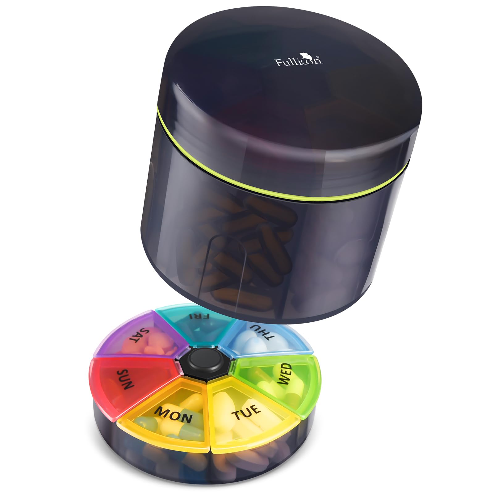 Photo 1 of Fullicon Detachable Large Pill Organizer, Moisture Proof Travel Pill Box, 7 Day Pill Bottle, Secure Pill Case, Weekly Daily Pill Container Holder Dispenser with Customizable Stickers (Black)