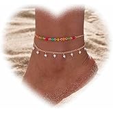 Crymystal Bohemian Layered Pearl Anklet Tiny Pearl Dangle Anklets Gold Pearl Bead Anklets Color Bead Chain Bracelet Adjustable Summer Beach Anklet Foot Chain Jewelry for Women and Girls Gifts