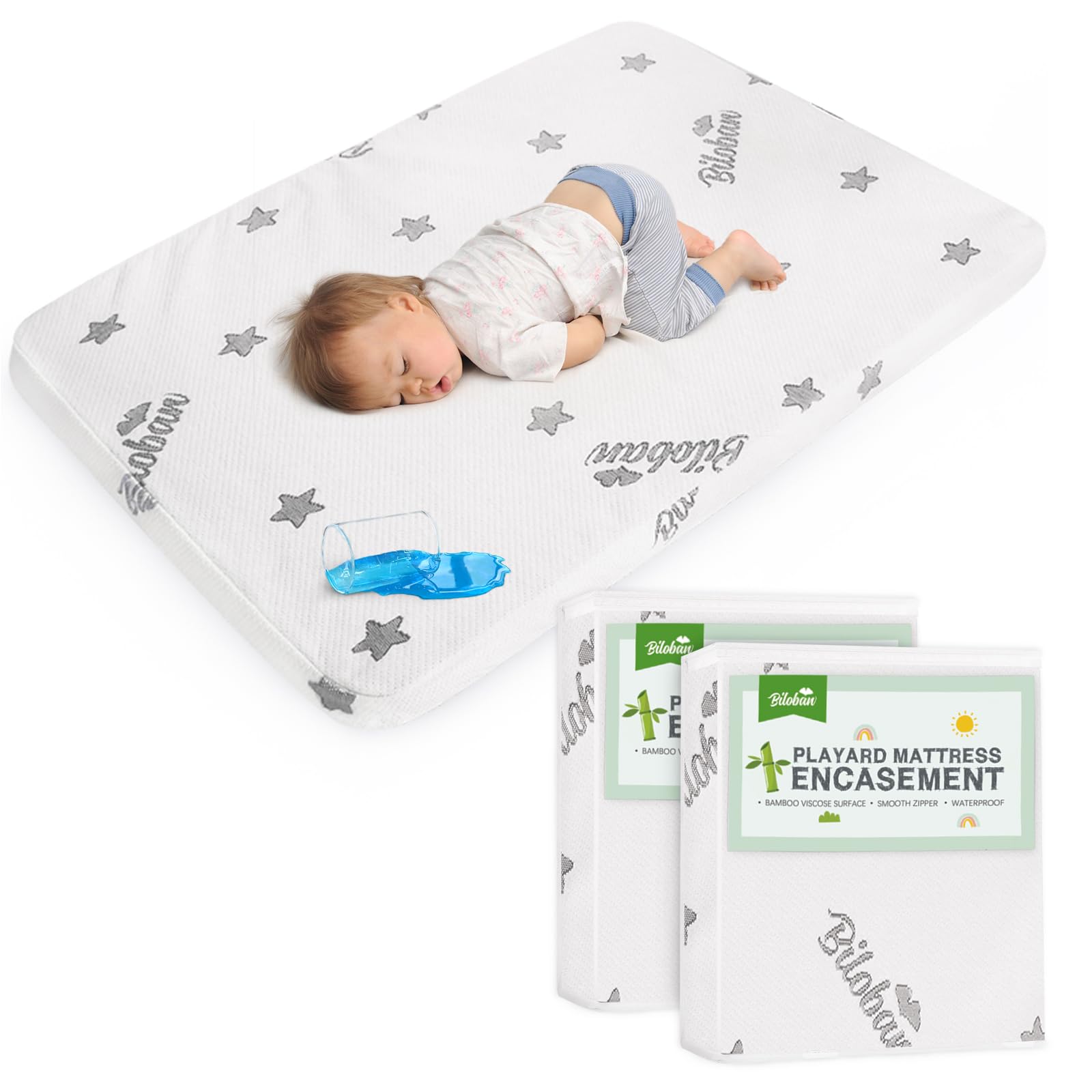 Photo 1 of 2 Pack Pack and Play Mattress Protector Cover Zipper, Compatible with Graco Pack n Play & Dream On Me & Pamo Babe Playard Mattress to 1.5 Inches, Waterproof Playpen Mattress Encasement