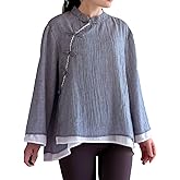 Minibee Women's 3/4 Length Sleeve Tops Cotton Linen Button Down Shirts Chinese Frog Casual Blouses