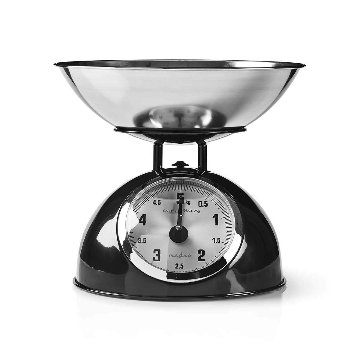 Nedis Mechanical Kitchen Scales - Retro Style Analogue Scale with 5Kg Capacity and Removable Stainless Steel Bowl - Black