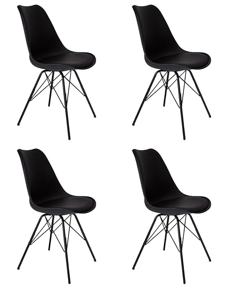 SAM 4er Set Schalenstuhl Lerche, schwarz, integriertes Kunstleder-Sitzkissen, Schwarze Metallfüße, Esszimmerstuhl im skandina