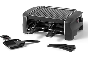 Starfrit 4-Person Party Grill - Non-Stick Ribbed Plate - Variable Temperature Control - Includes 4 Raclette Dishes and Spatul