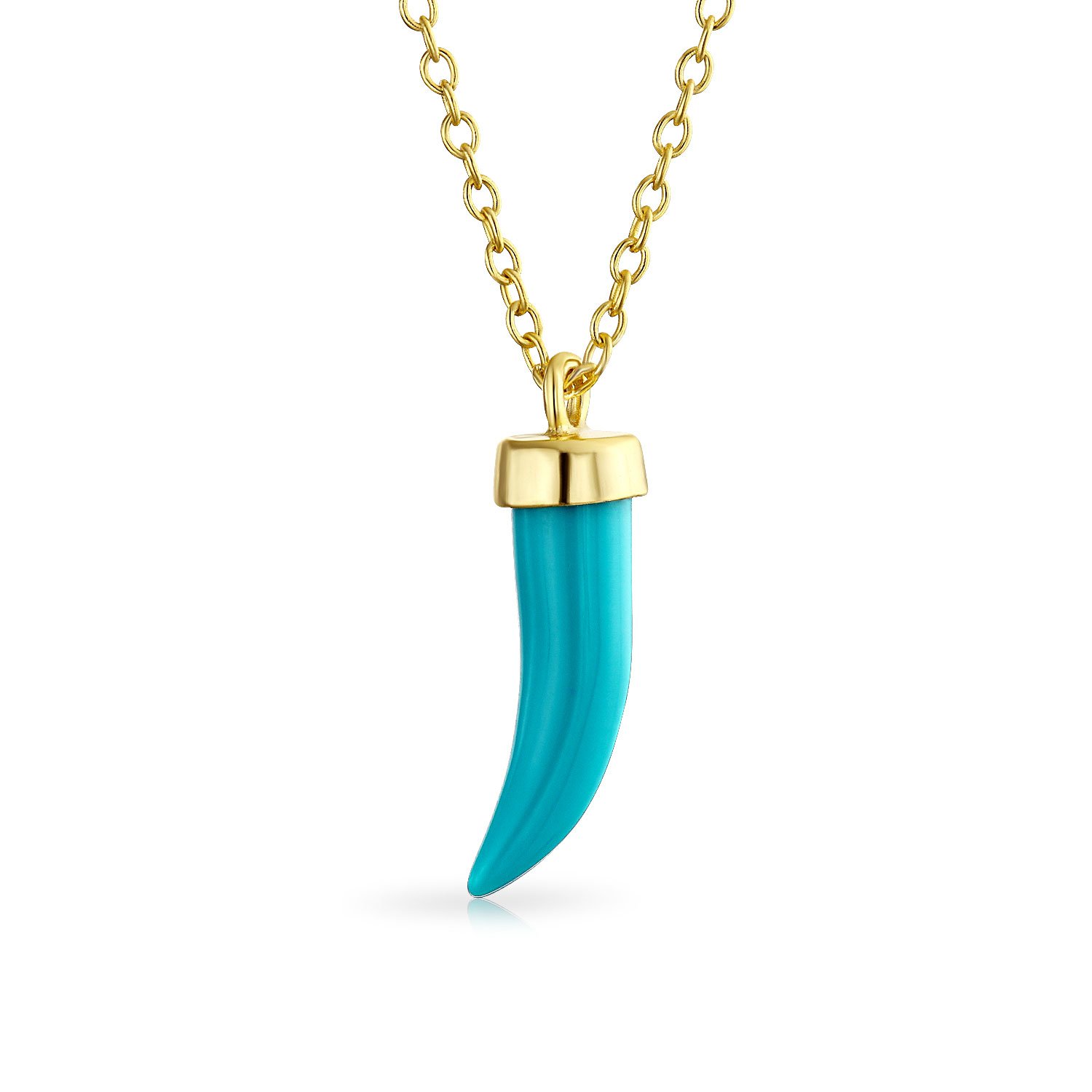 Bling Jewelry Western Medium Gemstone Blue Turquoise Cornicello Italian Horn Lucky Amulet Chili Pepper Pendant Necklace For Women Teens Yellow Gold Plated .925 Sterling Silver