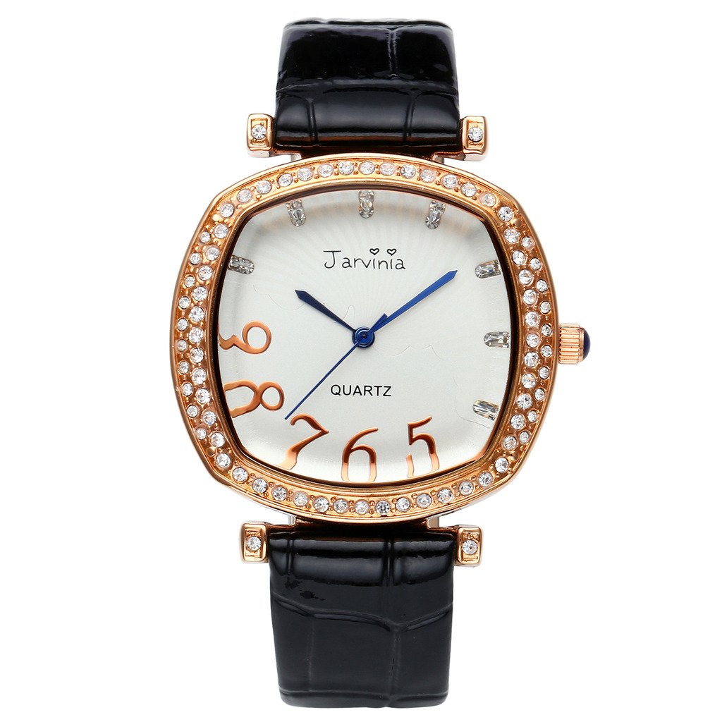 JSDDE Uhren,Elegant Frau Damen Armbanduhr Strass Quadrat Damenuhr Echtleder Armband Rosegold Analog Qaurzuhr,Schwarz