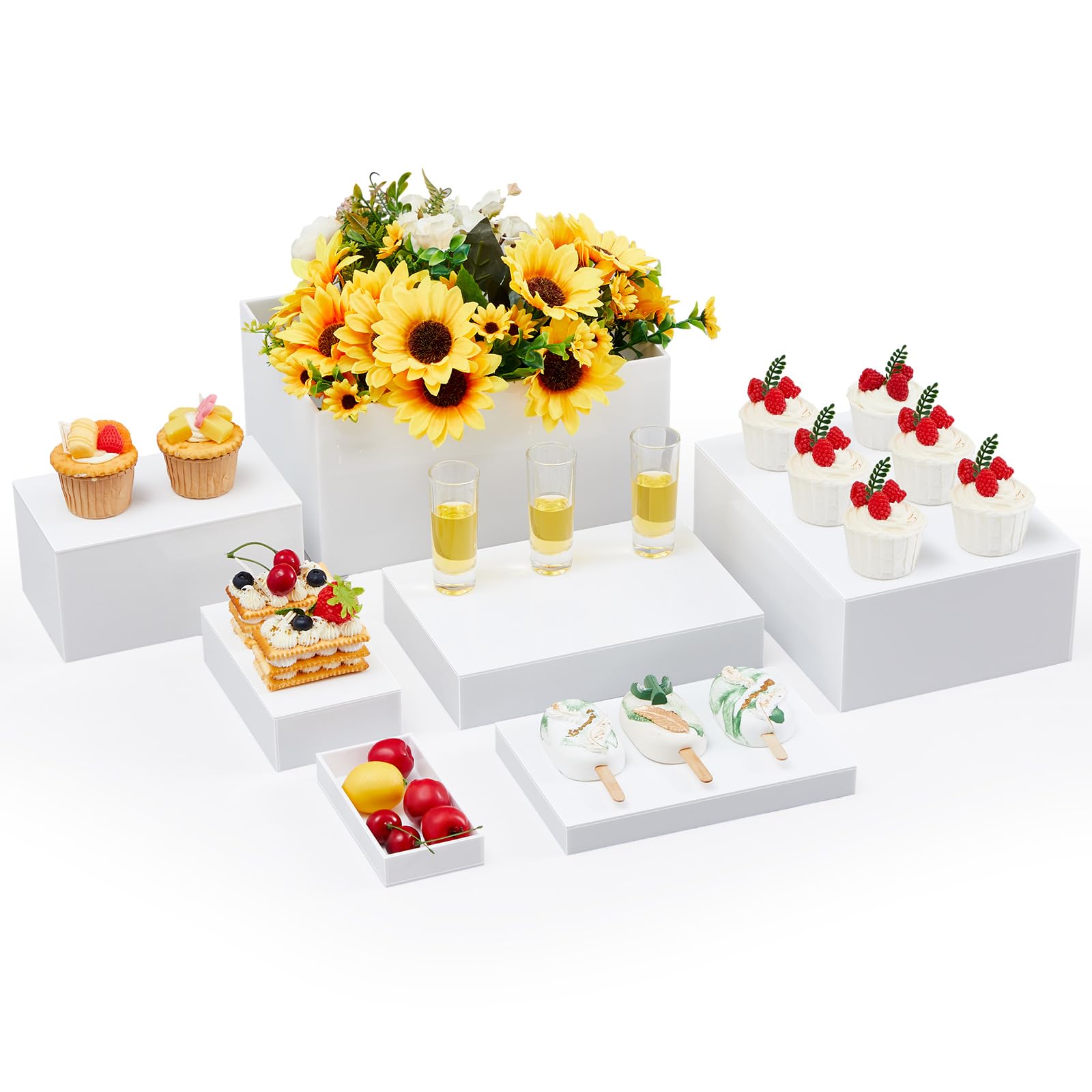Photo 1 of Leinuosen 7 Pcs Large Buffet Risers Set 6" to 12" Acrylic Display Box Catering Dessert Table Riser Food Display Decorative Stand with Hollow Bottom for Catering Supplies(White, Rectangle)