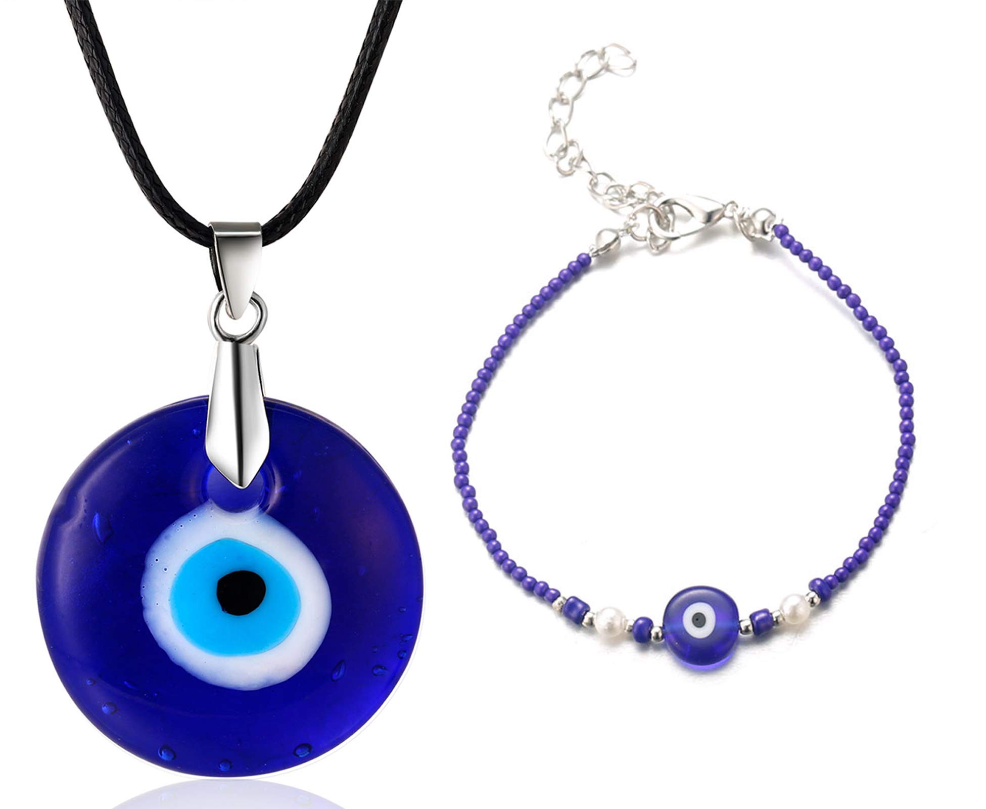 HALUKAKAH Evil Eye Necklace Bracelet Set for Men Women,Sapphire Resin Blue Eye Pendant Wax Rope Braid Blue Stone Beads Handmade Protection Mal de Ojo Jewelry with Free Giftbox
