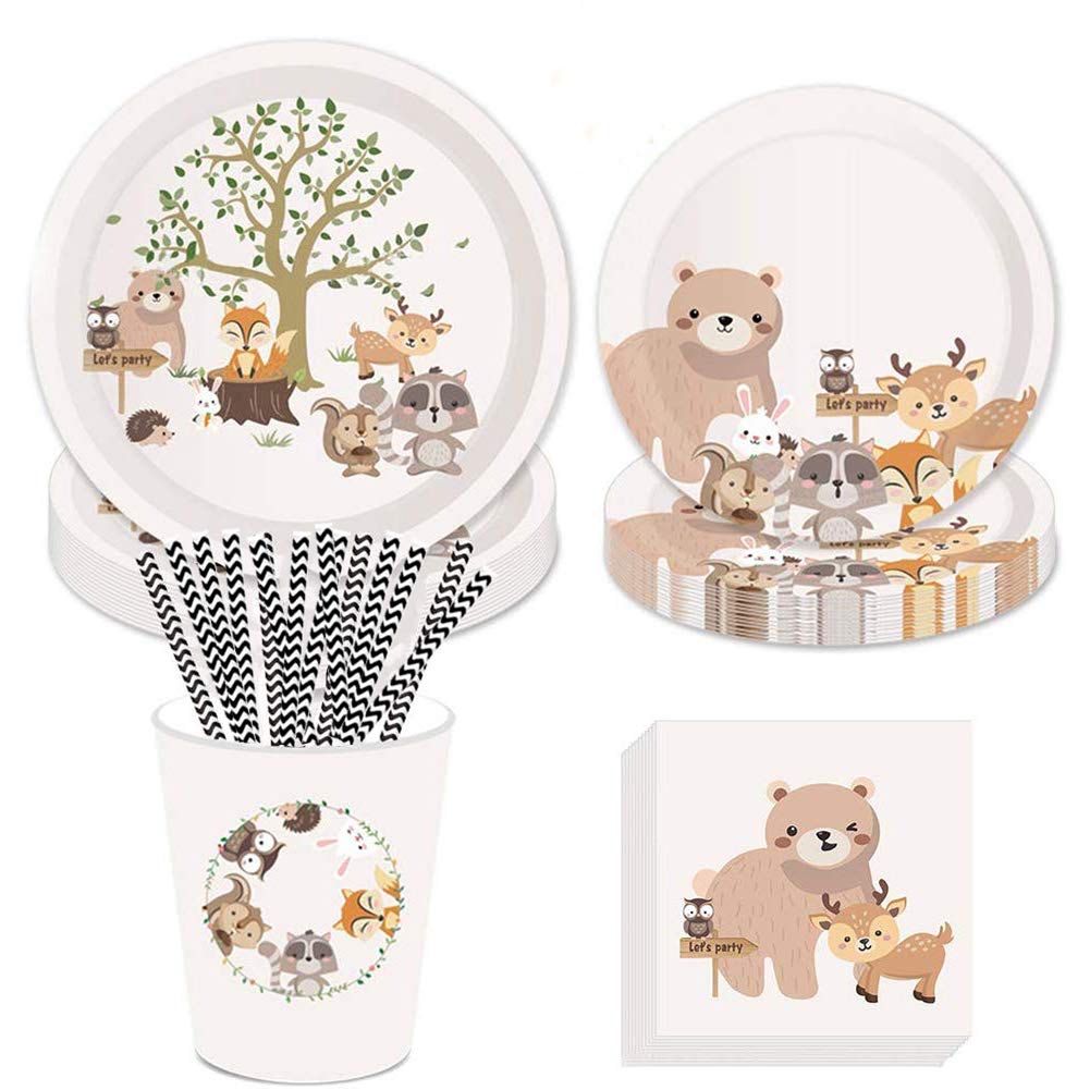 69Pcs Forest Animals Party Tableware Dinnerware Paper Plates Napkins Cups Disposable Dinner Dessert Plates Paper Straws for Birthday Party Suppplies,Weddings,Anniversary（8 Guest）