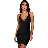 Zeflows Womens Deep V-Neck Spaghetti Strap Bodycon Dresses Side Ruched Sleeveless Crossover Straps Back Cocktail Mini Dresses
