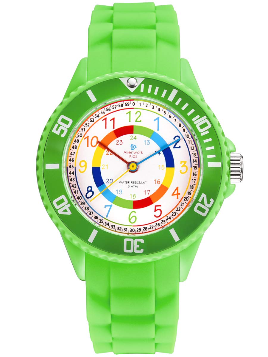 Alienwork Kids Children's Teacher Watch Boys Girls Green Silicone Strap Multi-Coloured Children's Kid Waterproof 5 ATM Learning Time
