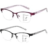 Missfive 2 Pack Women Progressive Multifocus Reading Glasses, No Line Blue Light Blocking Spring Hinge Readers Lightweight Multifocal Computer Cateye Eyeglasses(Workspace For Near Range 2.0x)