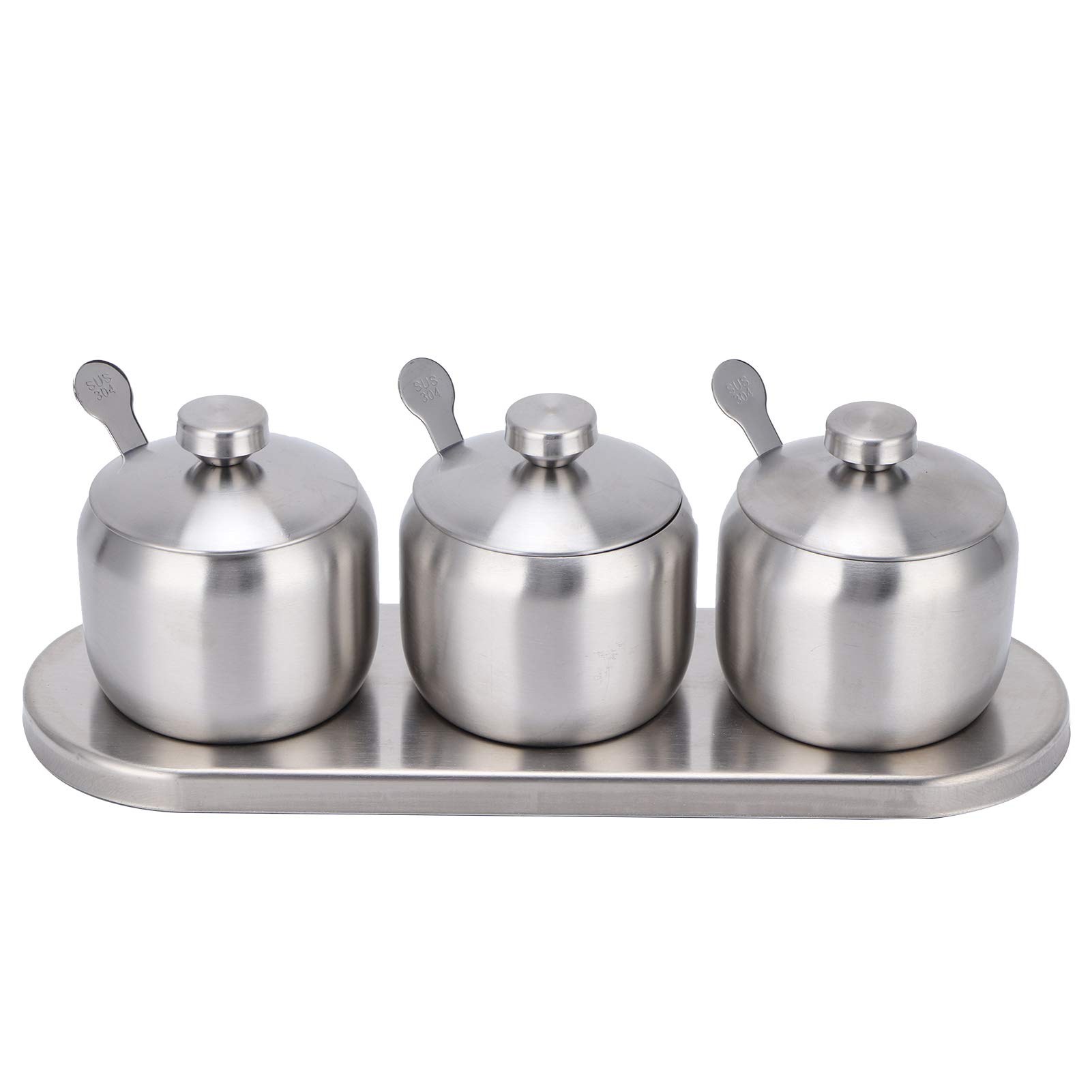 Duokon Stainless Steel Sugar Bowls Set with Spoons and Lids Seasoning Pot Set for Sugar, Serving, Spice, Salt