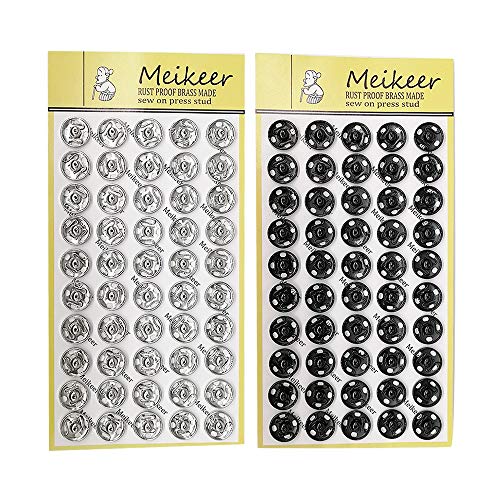 Meikeer 100 Sets Sew-on Snap Buttons Brass Snap Fastener Buttons Press Button Sew on Press Studs for Sewing Clothing Silvery and Black(10mm)