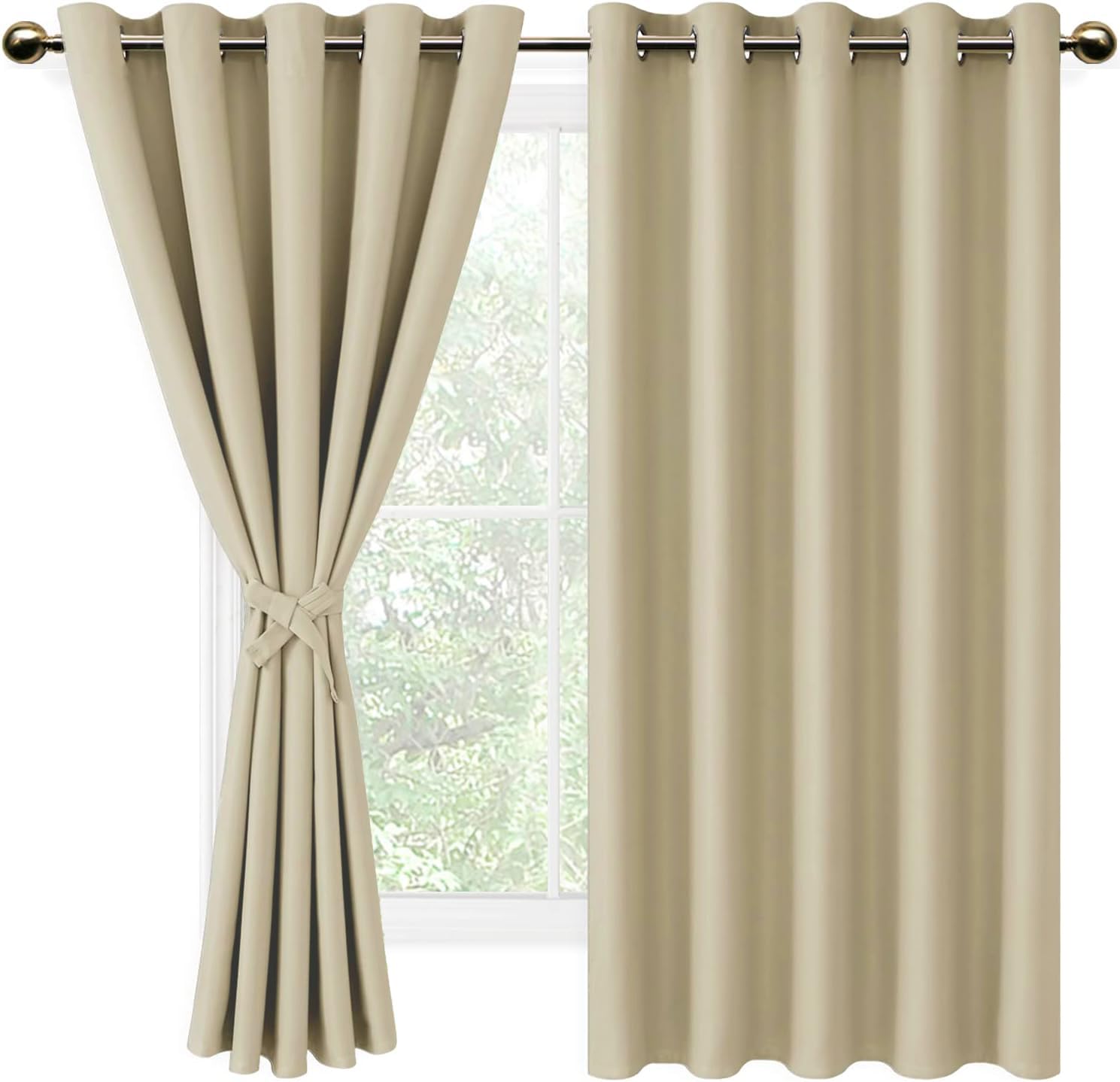 DWCN Light Beige Blackout Curtains with Tiebacks for Bedroom Thermal Insulated Solid Eyelet Curtains for Living Room,2 Panels,66" Wide x 54" Drop — image 1