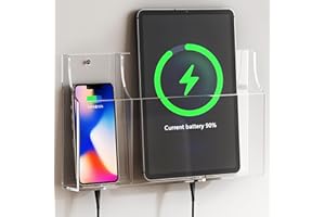 VANCORE Clear Wall Mounted Phone Holder Stand Remote Control Holder Media Organizer Caddy with Holes for Charging Phone, Tabl