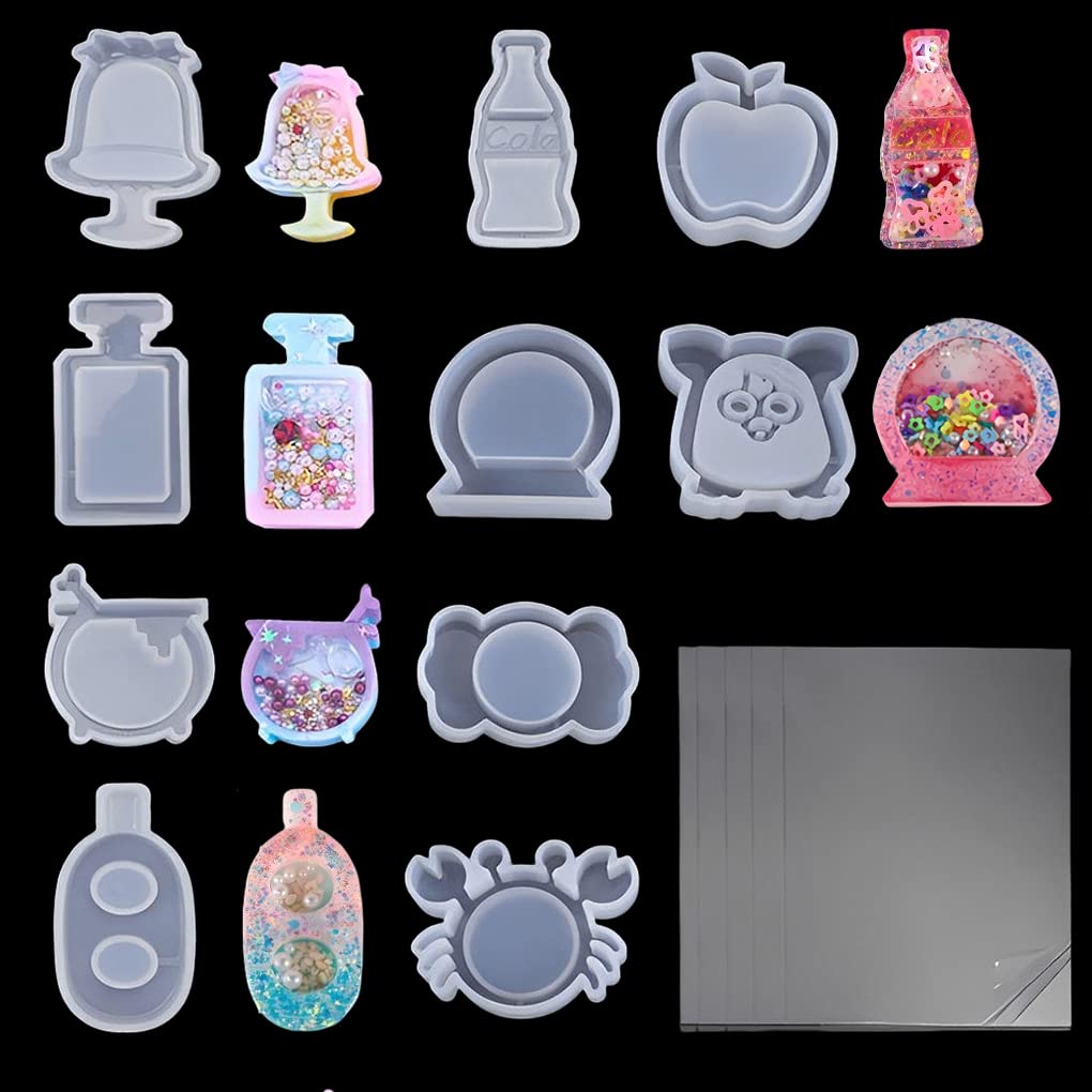FineInno 10 Pcs Shaker Resin Moulds Quicksand Silicone Mold Charms Pendant Jewellery Making Supplies with 5 Seal Films