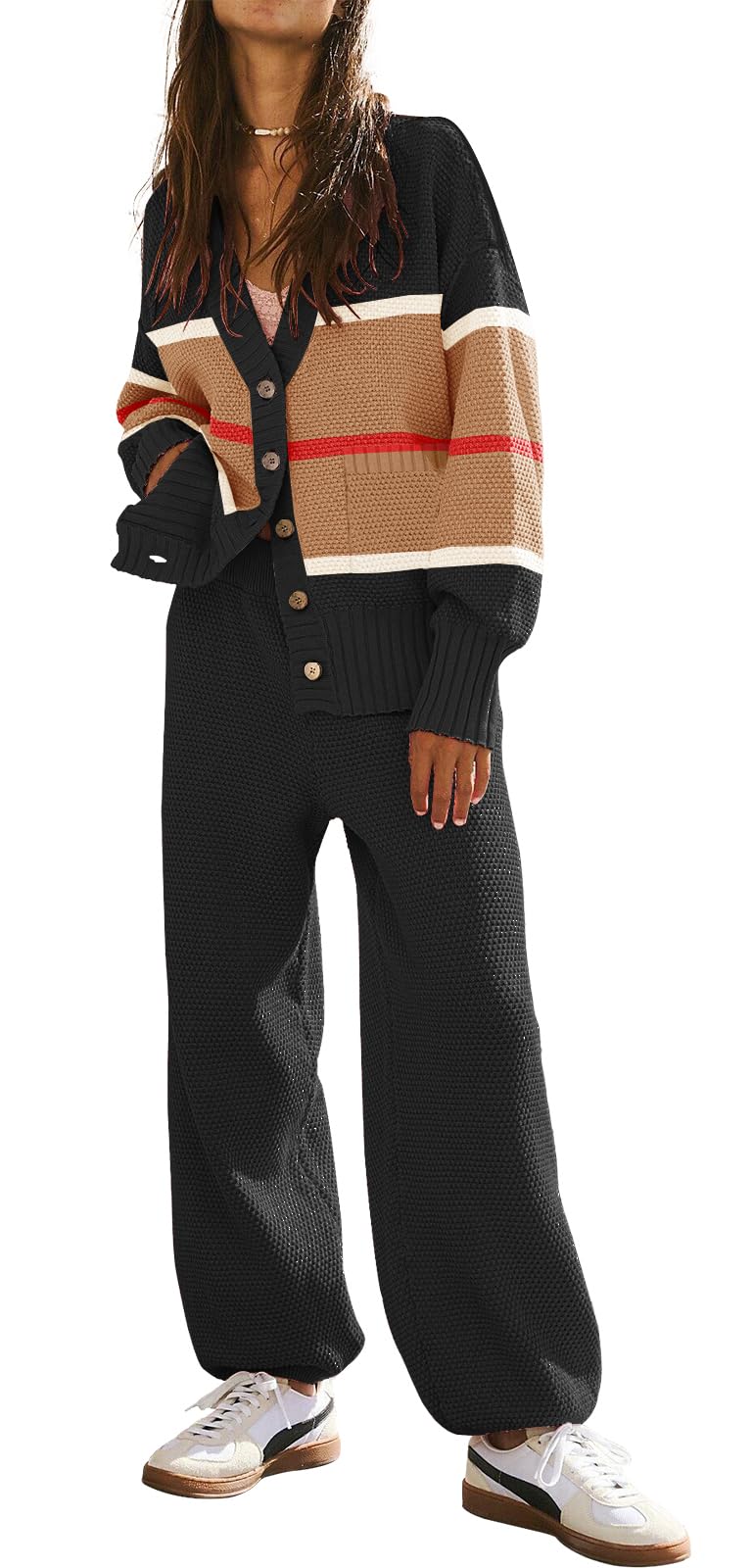 Photo 1 of ETCYY NEW Women's 2 Piece Outfit Lounge Set Trendy Cardigan Sweater Pants Sets V Neck Button Pocket Knit Matching Loungewear