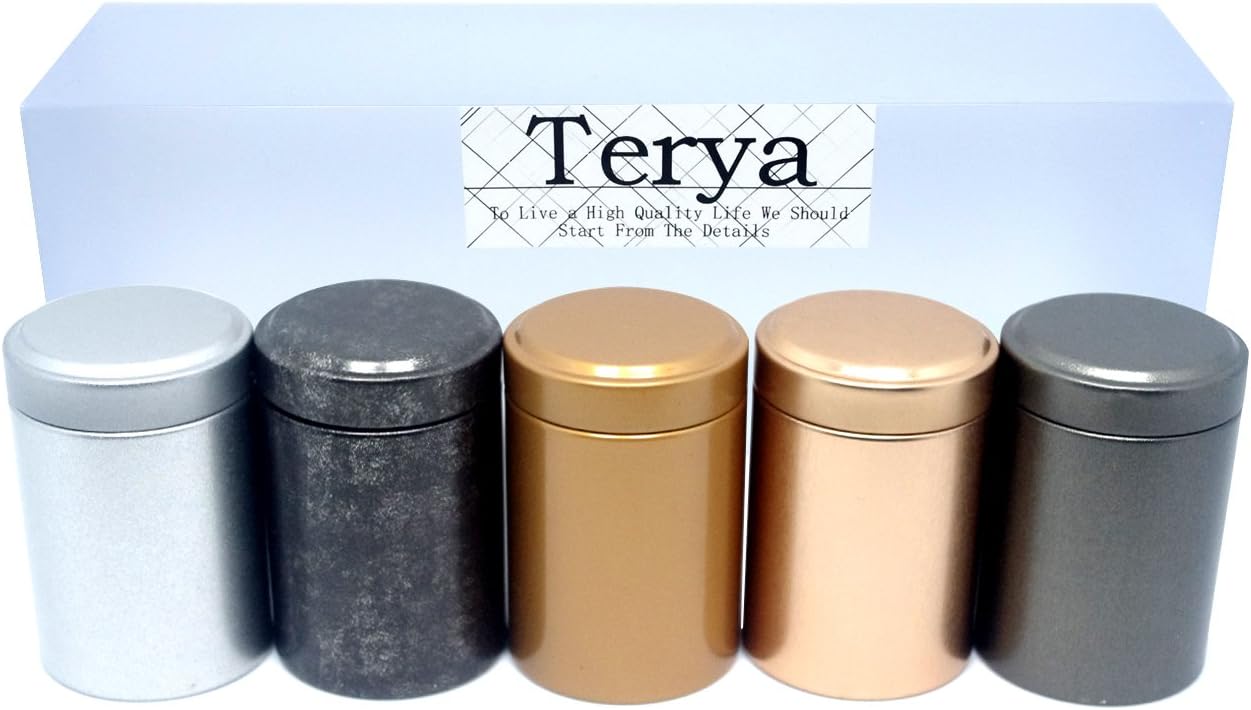 Terya Tea Tin Tea caddy Storage box - Set of 5 (Silvery & Gray & Golden & Black & Champagne)
