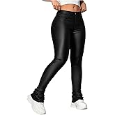 WDIRARA Women's Faux Leather Leggings Mid Rise Stretchy Skinny Pants with Pockets