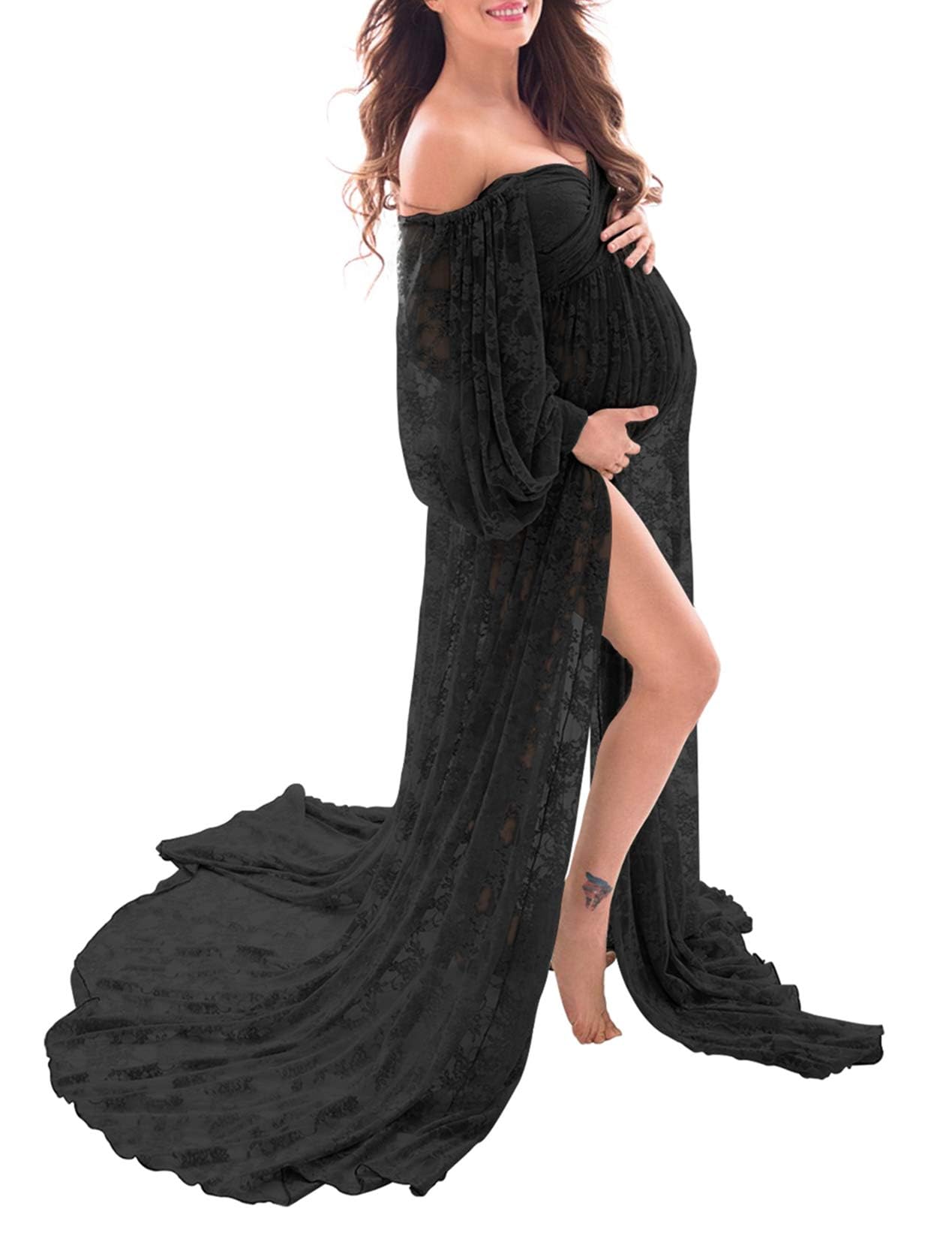 Photo 1 of Saslax Lace Off Shoulder Doubly Split A-line Skirt Maternity Dress Soft Stretchy Pregnancy Prop Maxi Gown for Photoshoot Black X-Large
