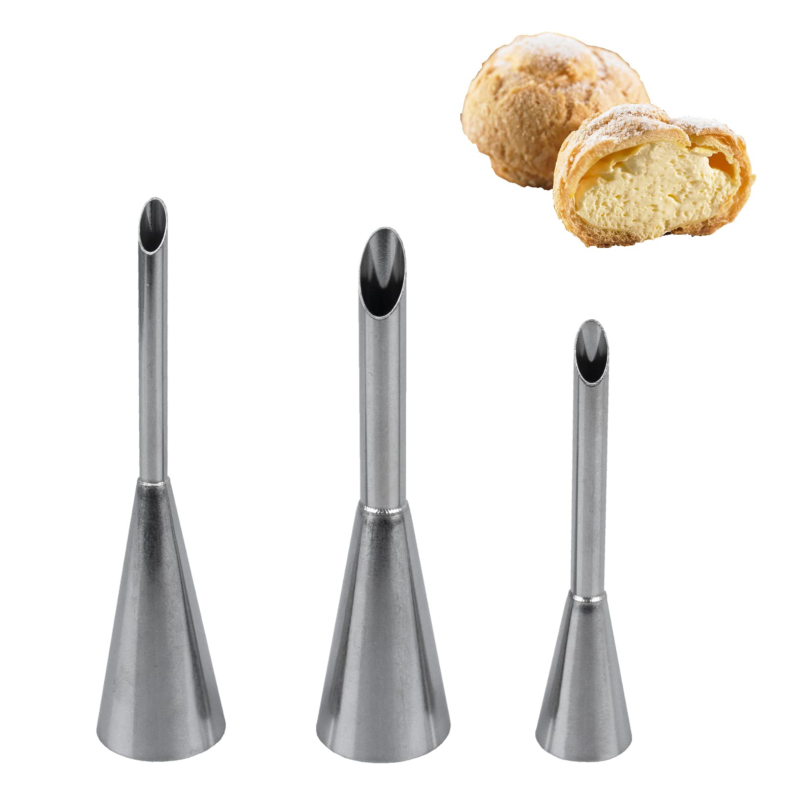 Tabiger Cream Icing Piping Nozzles Tips, 3pcs Long Puff Nozzles Cream Filling Tubes Cupcake Filler Nozzle Puff Decorating Tool Kit for Filling Donuts Cupcakes Eclairs Pastries Cookies Cakes