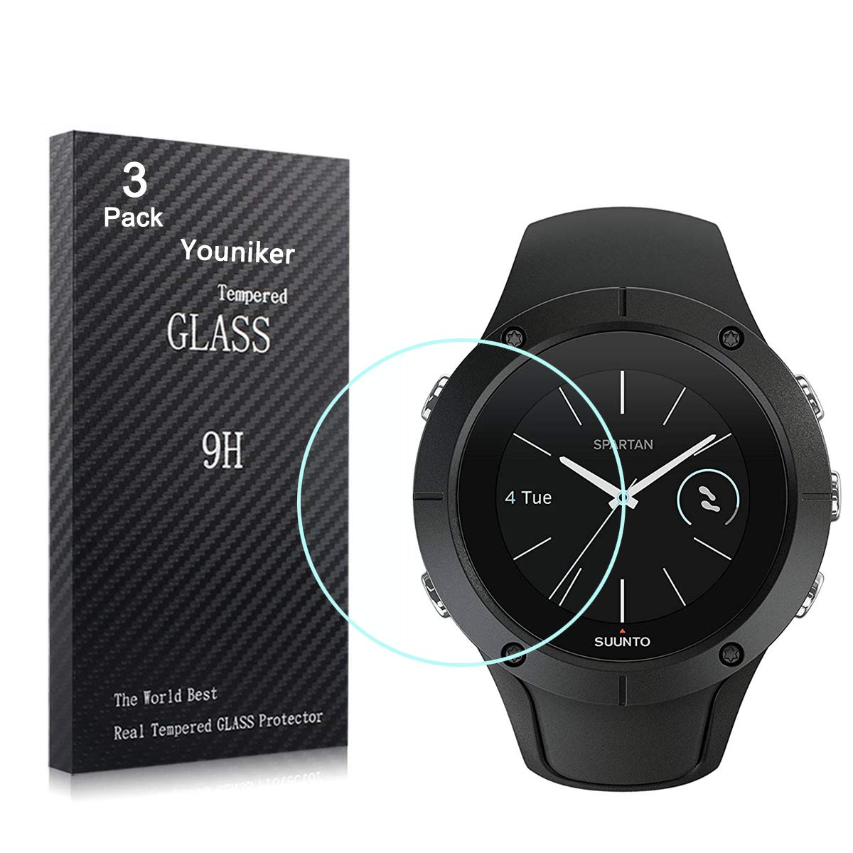 Youniker 3 Pack Suunto Spartan Trainer Wrist HR Screen Protector Tempered Glass, Suunto Spartan Trainer Wrist HR Smart Watch Screen Protectors Foils Glass,Anti-Scratch, Anti-Fingerprint, Bubble Free