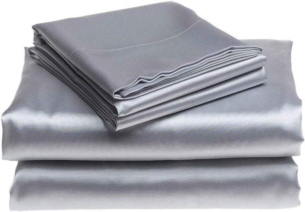 Bedify Bedding 100% Pure Silk Satin Sheet Set 4pcs, Silk Fitted Sheet 15'' Deep Pocket,Silk Flat Sheet & Pillowcases Set !!!Queen,Silver Grey