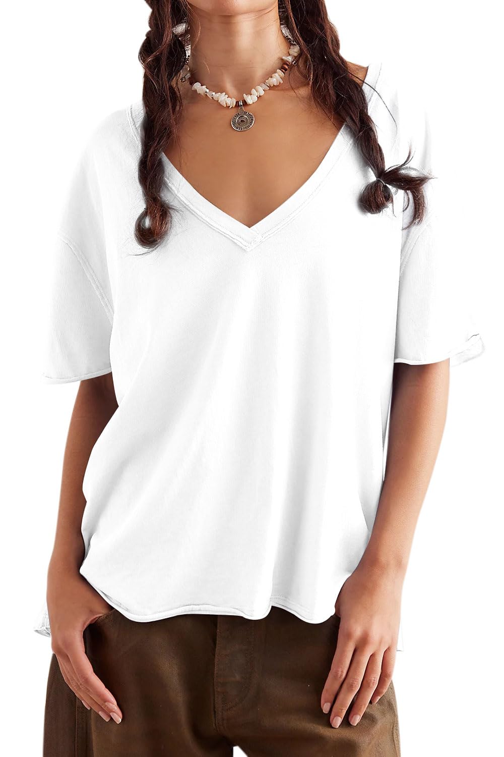 Photo 1 of MAOECO Womens Oversized T Shirts Loose Fit V Neck Short Sleeve Tops Summer Casual Blouse Trendy 2025 Basic Tee White