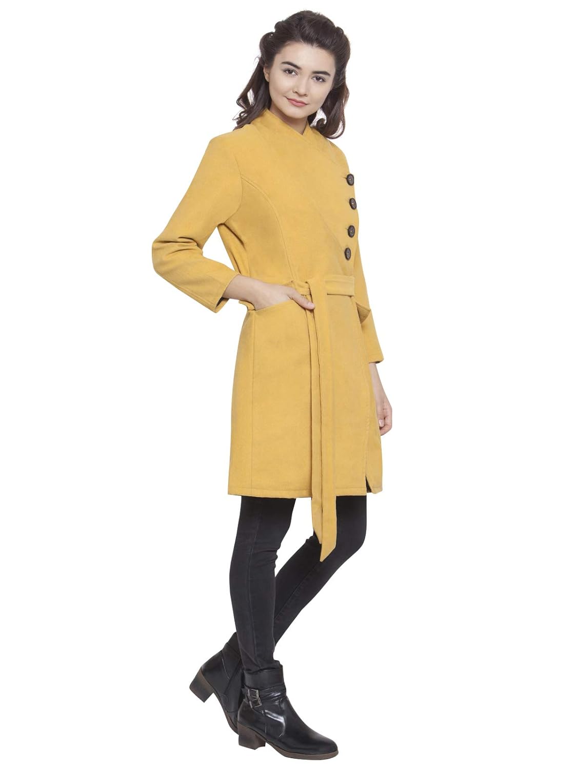 martini women yellow asymmetric long woolen felt coat