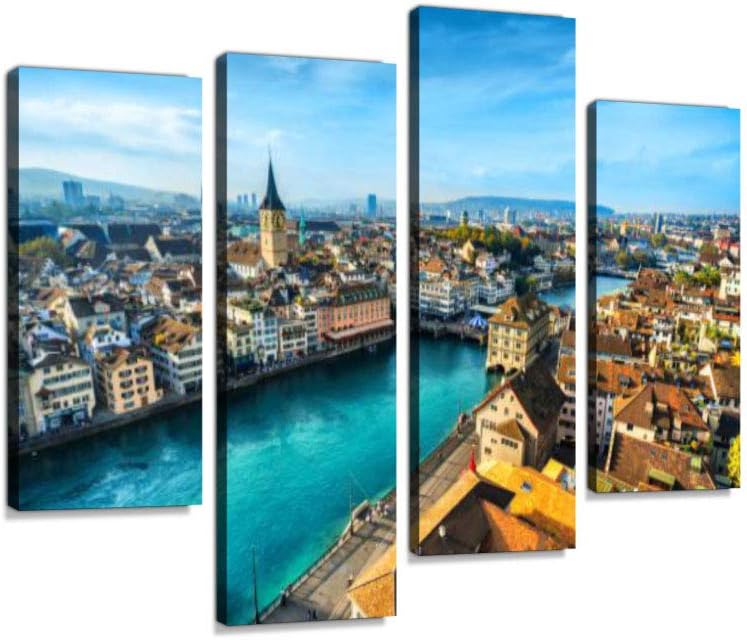 Amazon Com Zurich Cityscape Switzerland Canvas Wall Art Hanging Paintings Modern Artwork Abstract Picture Prints Home Decoration Gift Unique Designed Framed 4 Panel Posters Prints