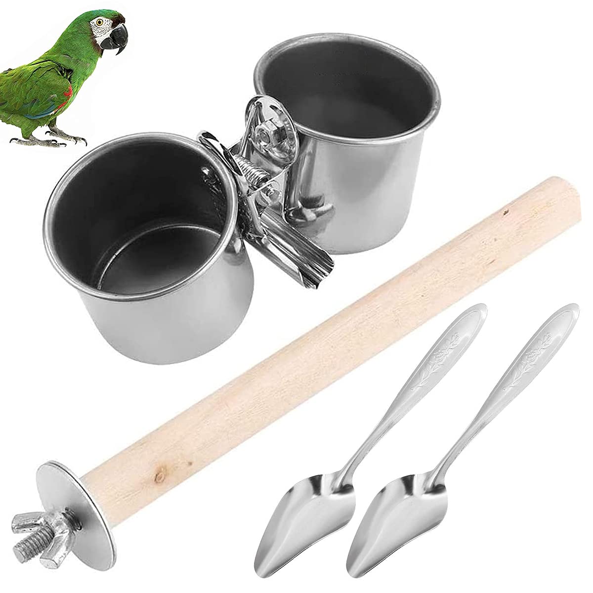 Qixuer 2 Pieces Bird Food Bowl,Stainless Steel Parrot Feeding Cups Animal Cage Water Food Bowl Dish Cups Bird Feeder with 2 Pieces bird Feeding Spoon for Cockatiels Chinchilla