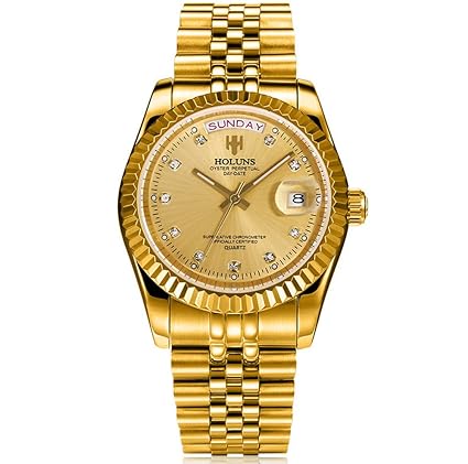 HOLUNS Herren Quarzuhr Edelstahl Full Gold Luxus Diamant Uhren Wasserdicht mit Kalender