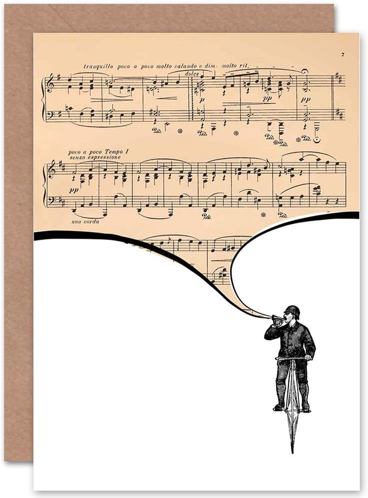 Wee Blue Coo GREETINGS CARD BIRTHDAY GIFT SHEET MUSIC TRUMPET PLAYER BICYCLE, 17.5 x 12.5 cm