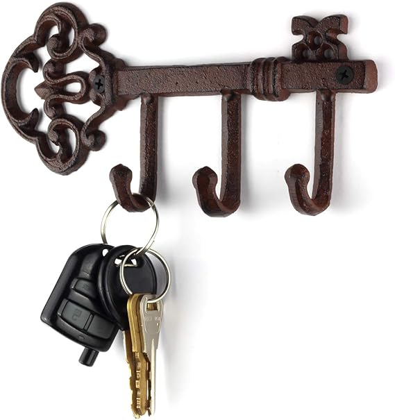 LULIND Wall Mounted Rustic Key Holder with 3 Hooks, Vintage Cast Iron