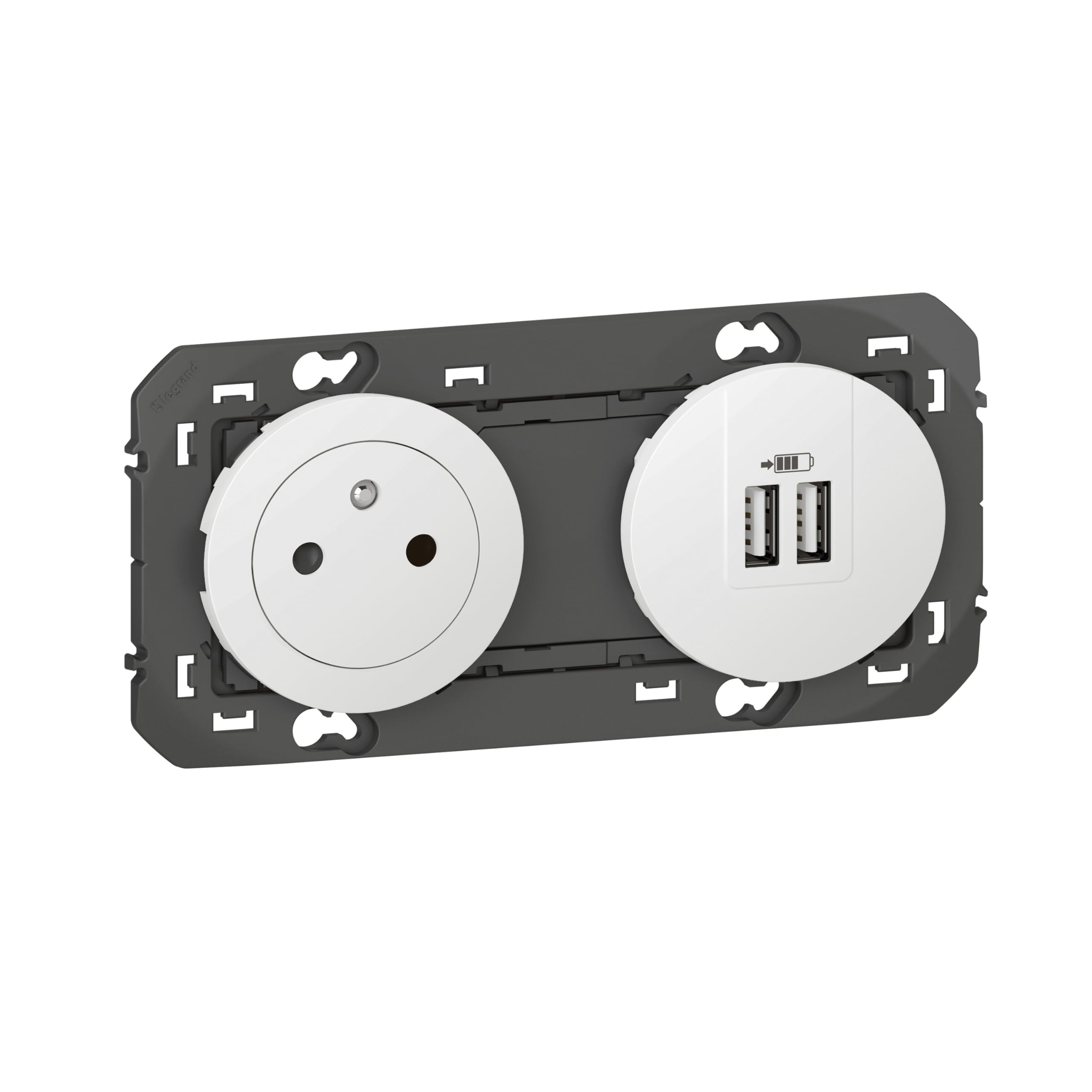 2P+T Surface Socket + Charger 2 USB Type-A DOOXIE 3A Prewired White Finish