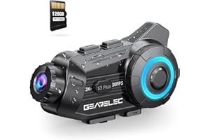 gearelec Motorcycle Bluetooth Headset with【2K】 Camera [G-Sensor Lock], 2-8 Riders 2000M Full Duplex Motorcycle Communication Systems, Helmet Headset Camera with 128G TF Card/Music Sharing/ 2000mAh
