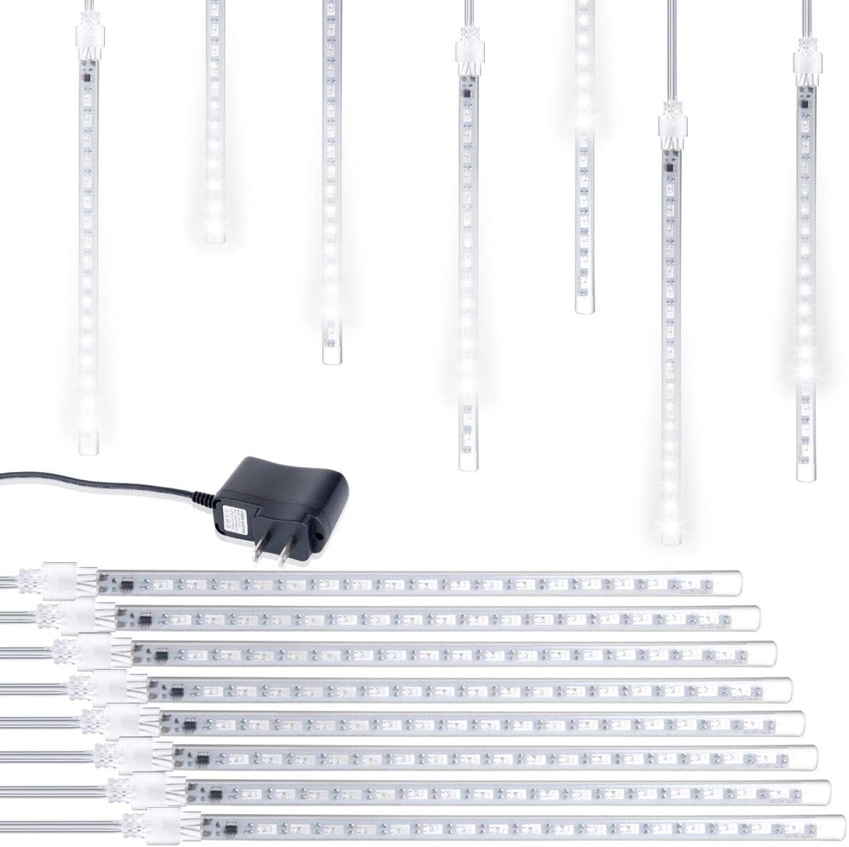 Boverley LED Meteor Shower Rain Lights, Falling Rain Drop Lights with 30cm 8 Tube 144 LEDs, Icicle Snow Fall Christmas String Lights for Wedding, Party, Holiday, Xmas Decoration (White)