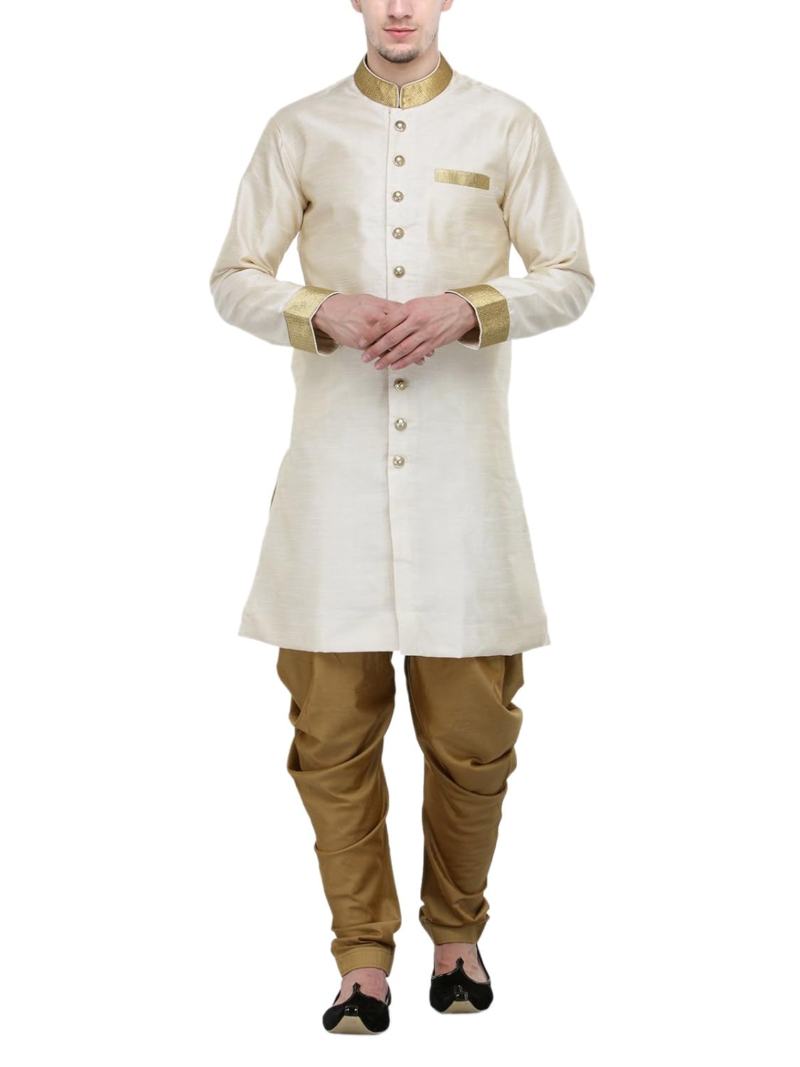 rg designers cream and gold plain sherwani for men