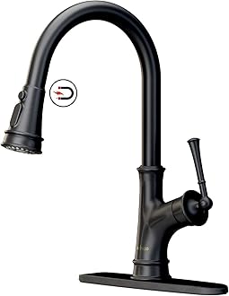 APPASO Black Kitchen Faucet with Pull Down Sprayer Head - Single Handle High Arc Single Hole Pull Out Kitchen Sink Faucets with Deck Plate, Matte Black