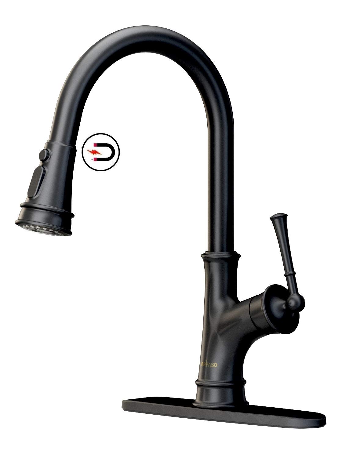 APPASO Black Kitchen Faucet with Pull Down Sprayer Head - Single Handle High Arc Single Hole Pull Out Kitchen Sink Faucets with Deck Plate, Matte Black