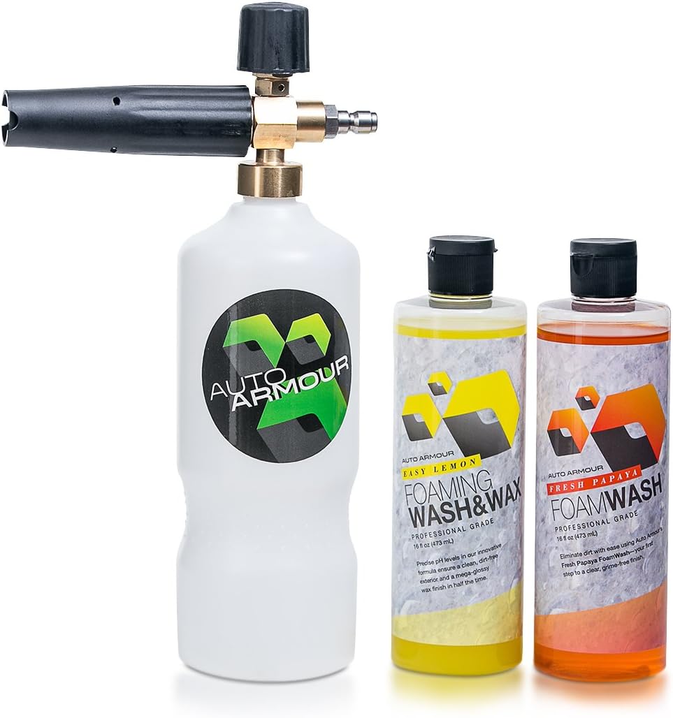 Auto Armour TRGR Pro Foam Sprayer Bundle, Foam Cannon with 2 16oz of Foam Wash and Wax, Easy Lemon and Fresh Papaya Variant Pressure Washer and Power Washer Attachment for Car Wash