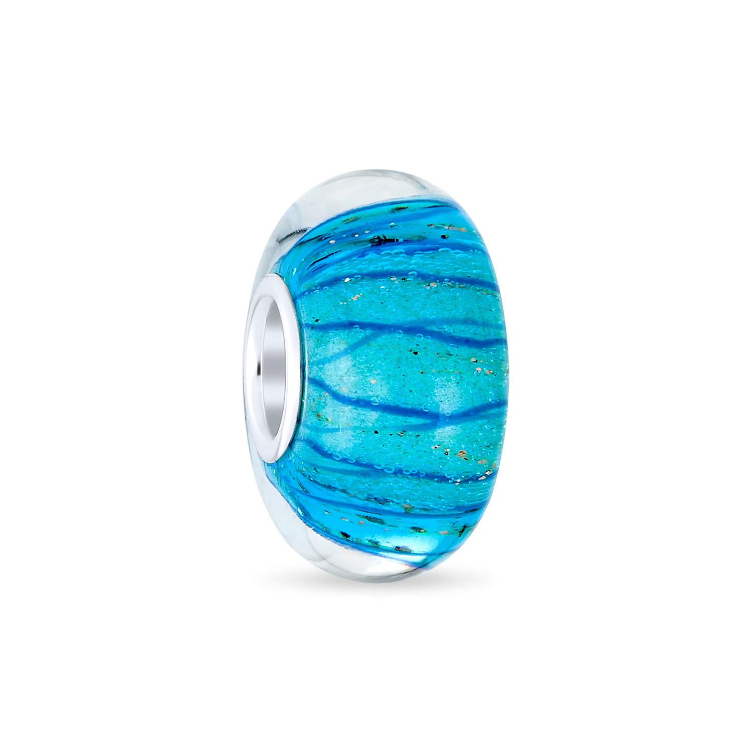 Bling Jewelry Murano Glass Spacer Blue Glitter Swirl Stripe Charm Bead Fits European Bracelet For Women Teen .925 Sterling Silver Core