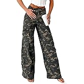 loveimgs Women Casual Camo Print Denim Pants Y2k Wide Leg Cargo Jeans Flare Distressed Camouflage Jeans Sweatpants Pockets