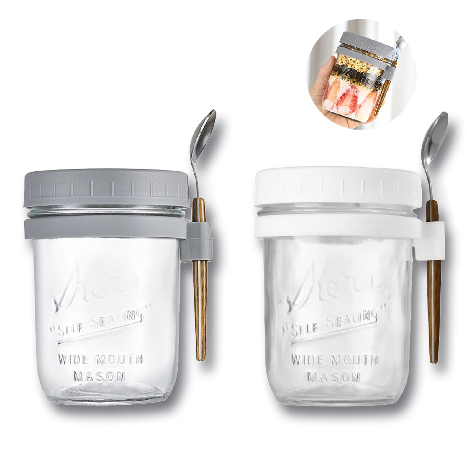 Vexquivera 2Pcs Overnight Oatmeal Cups Overnight Oats Jar Portable with Lids Milk Cups Yogurt Bottles Lids and Spoons with Measurement Marks Overnight Oatmeal Cups with Reusable Glass (White&Gray)