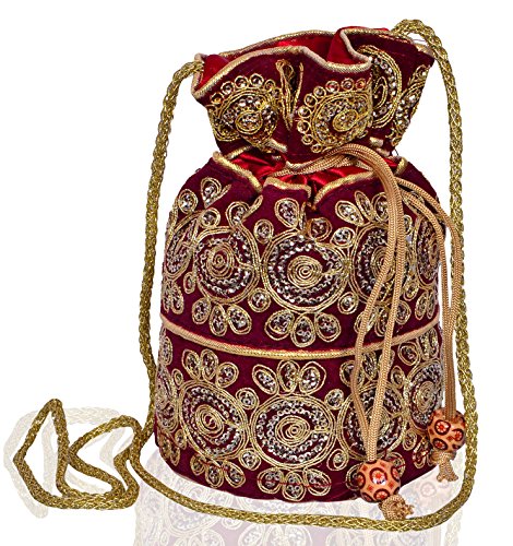 Purpledip Potli Bag (Clutch, Drawstring Purse) For Women With Intricate Gold Thread & Sequin Embroidery Work,Maroon (10535)
