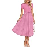 ZESICA Womens 2026 Summer Short Sleeve Midi Dresses Crewneck Knit Belted Pleated Business Work Cocktail A Line Flowy Dress
