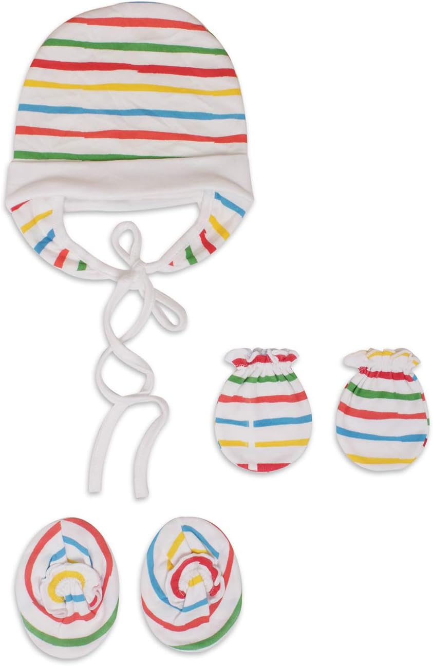 BUMZEE 100% Cotton Mitten Hand Gloves, Bootie, Cap with Ears Combo Set for Toddler/Infant/New Born Baby Age 0-12 Months Multicolor (PEB2129)